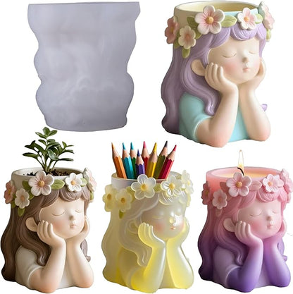 1Pc Cute Girl Resin Casting Mold 3D Flower Crown Head Silicone Mold for Epoxy Succulents Planter Pen Holder Candle Making Concrete DIY Craft Home Decor Handmade Gifts Easy Demold
