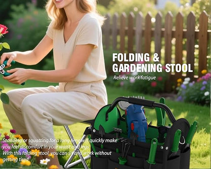 14 Inch Gardening Tool Bag with Stool, Waterproof Storage Tote, Foldable Metal Handle & Shoulder Strap, Relieve Fatigue