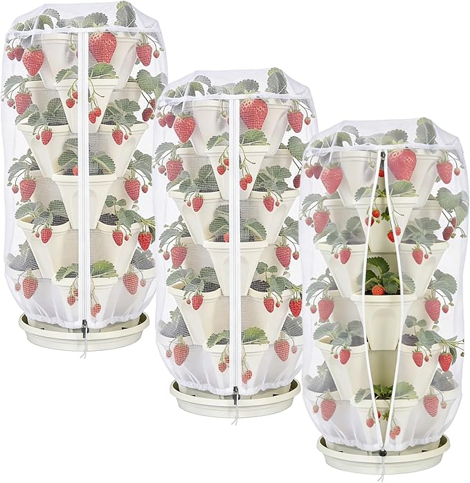 3Pack 41" x 20" Vertical Strawberry Pot Netting, Plant Pot Insect Netting with Zipper & Drawstring, Stackable Bird Barrier Planter Pot Garden Net Round Cover for Strawberry Fruit Vegetable from Animal