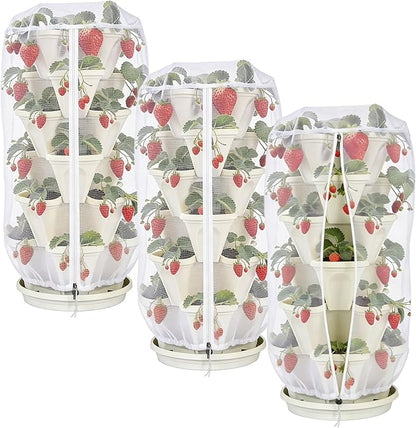 3Pack 41" x 20" Vertical Strawberry Pot Netting, Plant Pot Insect Netting with Zipper & Drawstring, Stackable Bird Barrier Planter Pot Garden Net Round Cover for Strawberry Fruit Vegetable from Animal