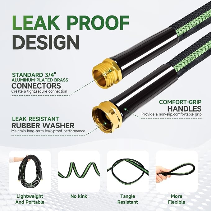 Garden Hose 25 ft Flexible Water Hoses Non-Expanding Lightweight Portable No Kink High Pressure Flat Fabric 3/4” fittings Leak-proof Durable Pipe for Outdoor Outside Yard Lawn Patio Watering Car Wash