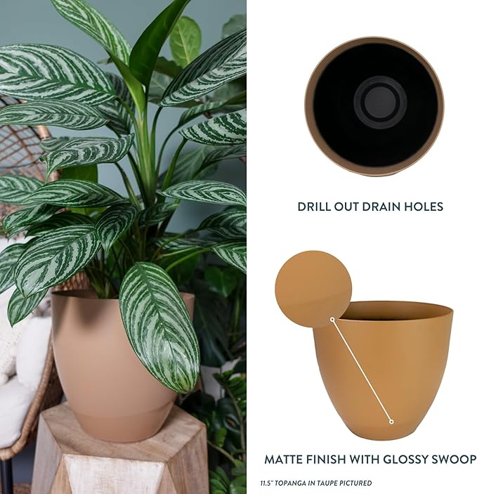 The HC Companies 16 Inch Topanga Decorative Round Planter - Lightweight Premium Resin Plant Pot with a Ceramic Look for Indoor Outdoor Use, Taupe Swoop