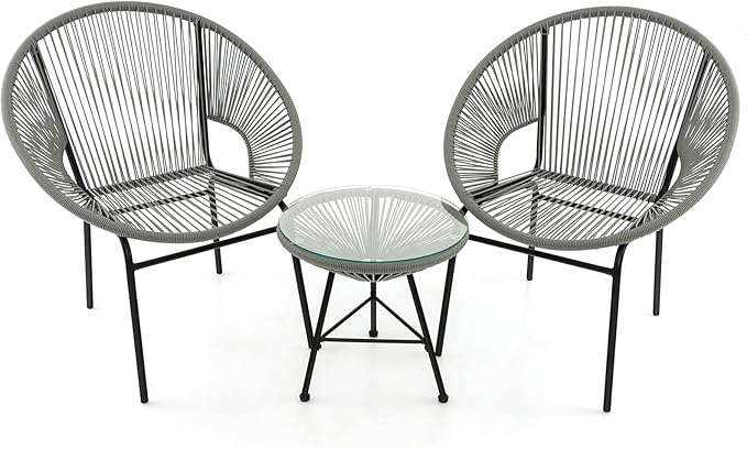 COSTWAY 3-Piece Outdoor Acapulco Chair Set, Wicker Conversation Bistro Sets with Plastic Rope, Glass Top Table, Patio Rattan Furniture Set for Garden, Balcony, Lawn, Backyard, Apartment, Grey