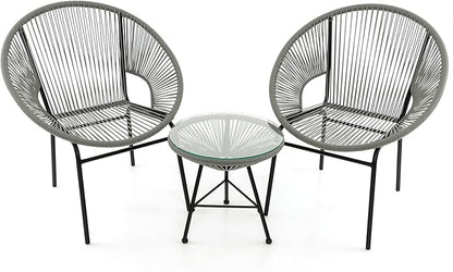 COSTWAY 3-Piece Outdoor Acapulco Chair Set, Wicker Conversation Bistro Sets with Plastic Rope, Glass Top Table, Patio Rattan Furniture Set for Garden, Balcony, Lawn, Backyard, Apartment, Grey