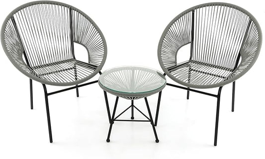 COSTWAY 3-Piece Outdoor Acapulco Chair Set, Wicker Conversation Bistro Sets with Plastic Rope, Glass Top Table, Patio Rattan Furniture Set for Garden, Balcony, Lawn, Backyard, Apartment, Grey