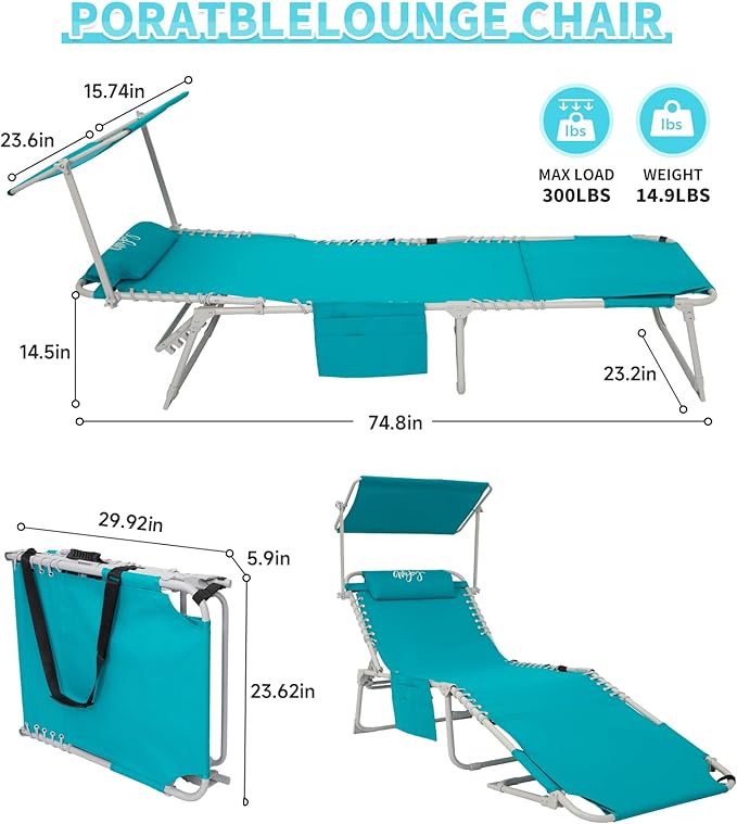 #WEJOY 3 in 1 Tanning Chair with Face Hole & Canopy, 300 lbs Heavy Duty 5 Positions Folding Face Down Lounge Chairs Outdoor with Pillow & Storage Bag Portable for Pool Beach Lawn Camping (Cyan)