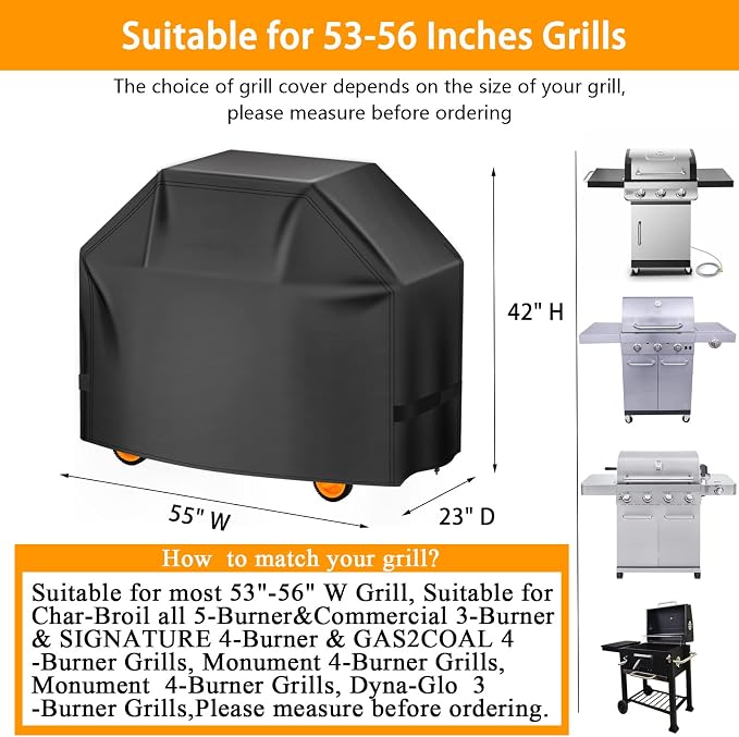 Aoretic Grill Cover, 55 inch BBQ Gas Grill Cover for Outdoor Grill, Charbroil Grill Cover Barbecue Waterproof, Anti-UV for Weber Char-Broil Monument, Dyna-glo Nexgrill Spun Polyester