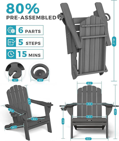 Folding Adirondack Chairs Set of 2,All-Weather HDPE Fire Pit Chair with 2 Cup Holders, Plastic Outdoor Chair for Patio Deck Garden Lawn, Dark Grey