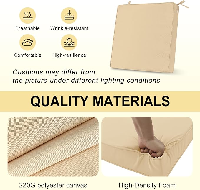 downluxe Waterproof Outdoor Chair Cushions for Patio Furniture, 19" x 19" x 2" Patio Chair Cushion with Adjustable Ties & Portable Handle, Square Outdoor Cushion with Removable Cover, Beige, 2 Pack