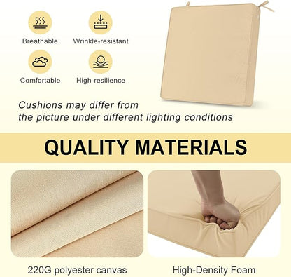 downluxe Waterproof Outdoor Chair Cushions for Patio Furniture, 19" x 19" x 2" Patio Chair Cushion with Adjustable Ties & Portable Handle, Square Outdoor Cushion with Removable Cover, Beige, 2 Pack
