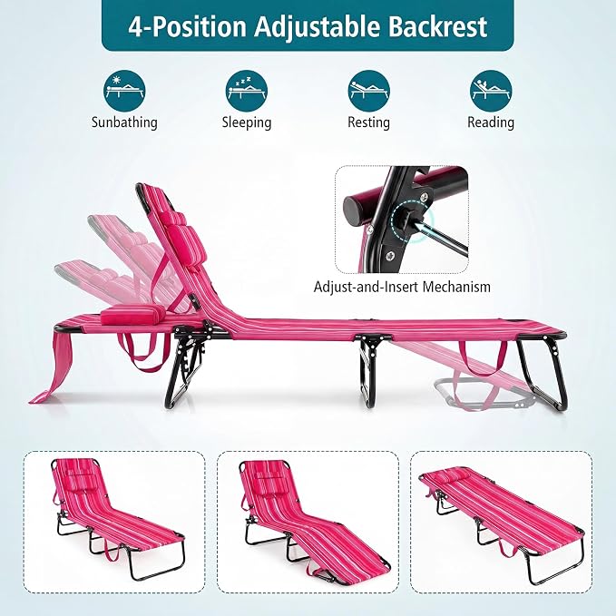GYMAX Tanning Chair, Folding Lounge Chairs with Face Hole & Cover, Removable Pillow Carry Handle, Portable Compact Outdoor Layout Recliner for Beach, Poolside, Lawn, Patio, Camping (Pink Stripe,1)
