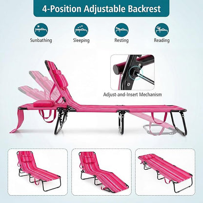 GYMAX Tanning Chair, Folding Lounge Chairs with Face Hole & Cover, Removable Pillow Carry Handle, Portable Compact Outdoor Layout Recliner for Beach, Poolside, Lawn, Patio, Camping (Pink Stripe,2)