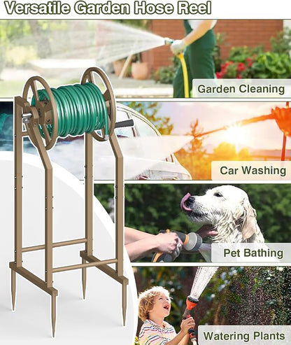 4-Spike Garden Hose Reel with 3.9ft Leader Hose & Stainless Fitting, Outdoor Hose Holder holds 125ft Hose of 5/8", Freestanding Metal Hose Stand for Outside Yard Lawn, Brown