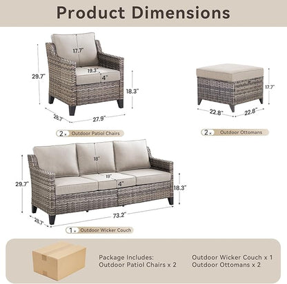 5 Pieces Outdoor Furniture-High Back Outdoor Wicker Couch Patio Chairs Set of 2 with Comfy Cushions Ottomans Patio Furniture Set for Backyard Porch Garden Deck Grey/Beige