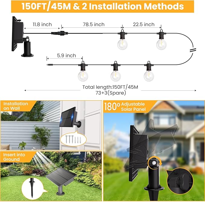 ZOTOYI Solar String Lights Outdoor Waterproof IP65 150FT with USB Port and 73+3 Shatterproof G40 Bulbs, Up to 8-12 Hours for Using, LED Solar Powered Patio Lights for Outside, Patio, Porch, 2200K