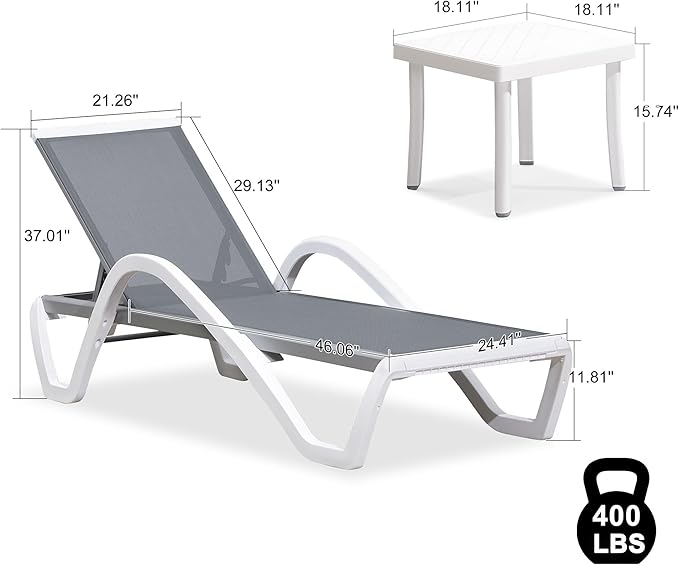 PURPLE LEAF Patio Chaise Lounge Chair Set of 3 Outside Aluminum Plastic Stackable Tanning Chairs with Armrests and Side Table for Pool Sunbathing Beach Deck Outdoor Lounger, Light Gray