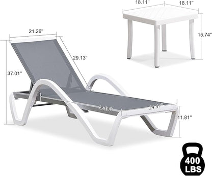 PURPLE LEAF Patio Chaise Lounge Chair Set of 3 Outside Aluminum Plastic Stackable Tanning Chairs with Armrests and Side Table for Pool Sunbathing Beach Deck Outdoor Lounger, Light Gray