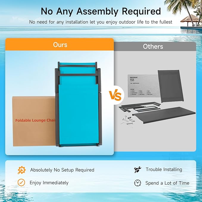 Aluminum Chaise Lounge Chair Outdoor, Foldable & Assembly Free Outdoor Lounge Chair with 5 Position Adjustable Backrest, Patio Pool Lounge Chairs for Outside Poolside Beach Lawn, 1PC, Lake Blue