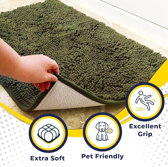 Muddy Mat® | Super Water Absorbent Door Mat Indoor, Microfiber Quick Dry Chenille Entryway Rug, Slip Resistant Front Door Mat, Indoor Mats for Entryway, Machine Washable Pet Rug, Army Green 3ft x 8ft