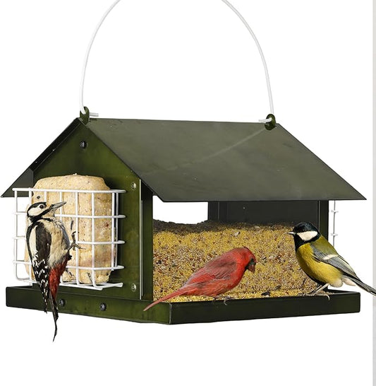 Solution4Patio Bird Feeders for Outdoors Hanging, All Metal, Double Suet Cake and Large Capacity, Hopper Tray & Weatherproof for Finch, Cardinal & Chickadee (Green)