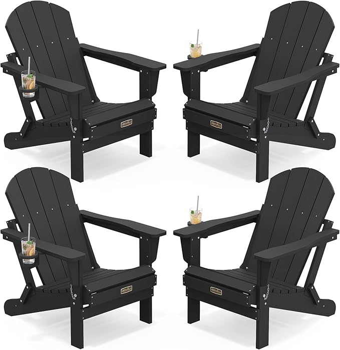 SERWALL Folding Adirondack Chair Set of 4, Weather Resistant HIPS Patio Chairs with Cup Holder for Garden Outdoors Fire Pit - Black