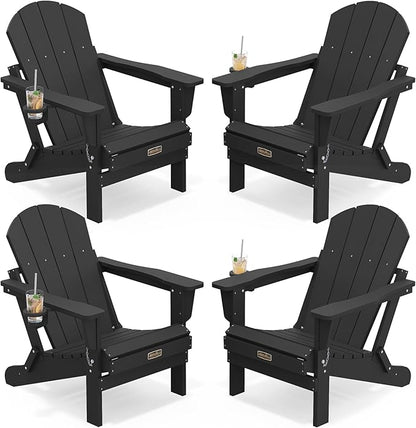 SERWALL Folding Adirondack Chair Set of 4, Weather Resistant HIPS Patio Chairs with Cup Holder for Garden Outdoors Fire Pit - Black