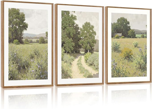 CHDITB Farmhouse Countryside Framed Canvas Wall Art, Rustic Nature Landscape Wall Decor, Vintage Pastoral Scenery Painting, Rural Meadow Path Artwork for Living Room, Bedroom, Office 24"x36"x3