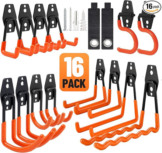 Garage Hooks 16 Pack Utility Steel Garage Storage Hooks with Anti-Slip Coating, Heavy Duty Mount Hooks for Hanging Bike, Ladder Garden Tool Organizer
