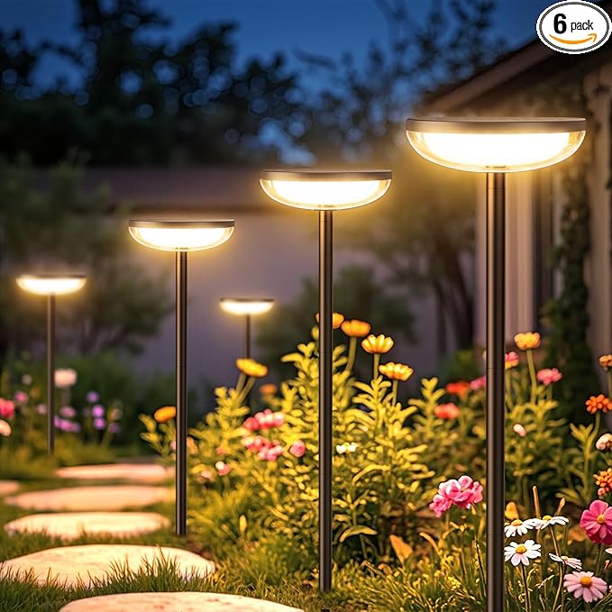 Solar Pathway Lights Outdoor, 6 Pack 27'' Tall Solar Garden Lights Outdoor Waterproof Bright Up to 12 Hrs, Round Garden Light for Yard Flower Bed Patio Path Walkway Driveway Outside Decor