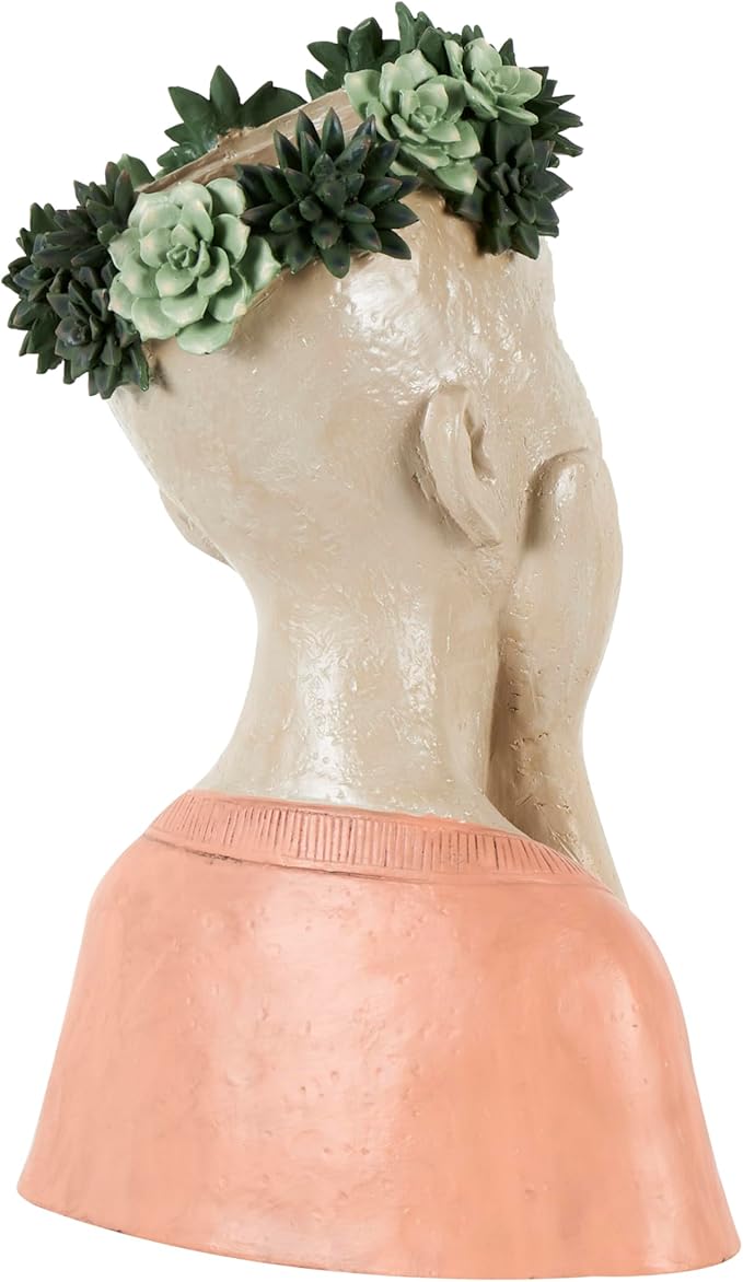 Deco 79 Resin Woman Indoor Outdoor Planter Bust Large Planter Pot with Succulent Crown and Orange Top, Planter 10" x 8" x 17", Beige