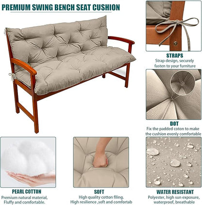 Swing Replacement Seat Cushions, 2-3 Seater Bench Cushions for Outdoor Furnitur with Backrest, Garden Recliner Seat Cushions Waterproof Sofa Pads (Khaki, 60x40in)