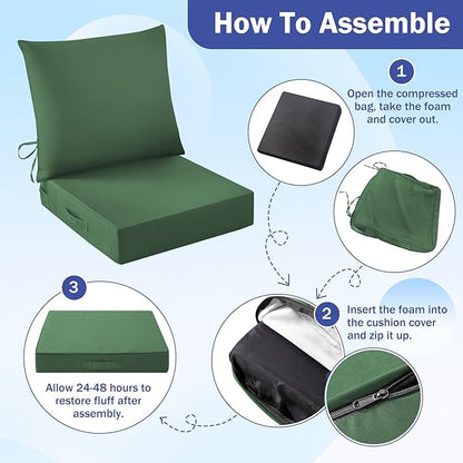 IASEAHK Outdoor Seat Cushion Set, Waterproof & Fade Resistant Patio Chair Cushions, Outdoors Cushion for Patio Furniture, 24 x 24 x 5.75 Inch, Outdoor Couch Cushions with Handle and Ties,ForestGreen