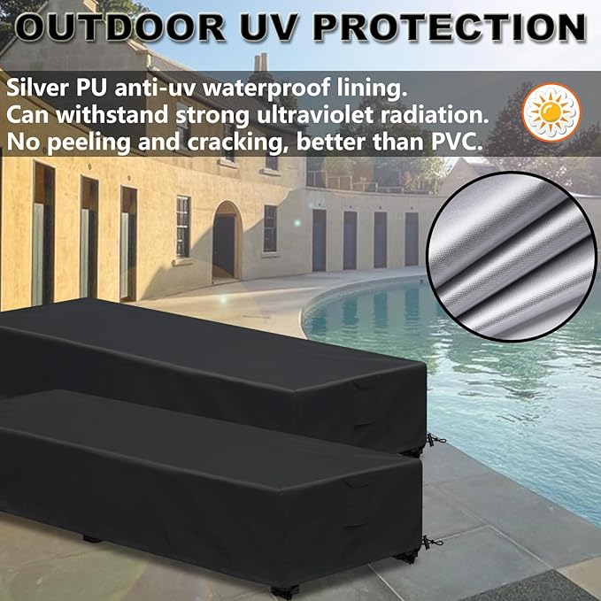 Waterproof Patio Lounge Chair Cover 2 Pack Outdoor Chaise Lounge Covers 600D Weather Resistant Material, UV Protection, Windproof Design Outside Furniture Covers 80" x 28" x 14" H,Black