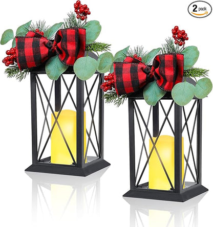 Christmas Outdoor Decor Lanterns 2 Pack, 11" Waterproof Battery Powered LED Hanging Lanterns with Flamessless Candle for Tabletop, Front Porch, Entrance, Indoor, Gift for Women