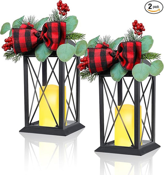Christmas Outdoor Decor Lanterns 2 Pack, 11" Waterproof Battery Powered LED Hanging Lanterns with Flamessless Candle for Tabletop, Front Porch, Entrance, Indoor, Gift for Women