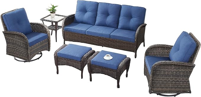 6 Pieces Furniture-Patio Swivel Rocker Chairs Set of 2 3-Seater Wicker Couch with Outdoor Ottoman Outdoor Patio Furniture Set for Deck Porch Garden Balcony Poolside-Brown/Blue
