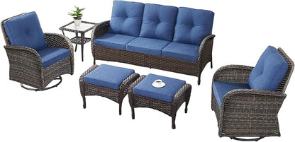6 Pieces Furniture-Patio Swivel Rocker Chairs Set of 2 3-Seater Wicker Couch with Outdoor Ottoman Outdoor Patio Furniture Set for Deck Porch Garden Balcony Poolside-Brown/Blue