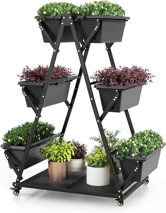 Giantex 6-Tier Rolling Raised Garden Bed, Vertical Planter Stand on Wheels with 6 Garden Boxes, Storage Shelf, Indoor Outdoor Freestanding Raised Beds for Flower Strawberry Vegetable Herb
