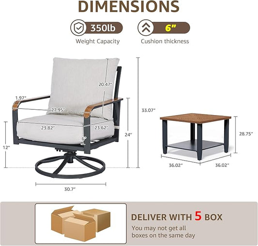 NATURAL EXPRESSIONS 5 Piece Patio Furniture Set, Outdoor Conversation with 4 Pcs Swivel Rocking Chairs and 27" Double-Layer Coffee Table 6" Thick Cushions for Balcony, Backyard, Deck (Light Gray)