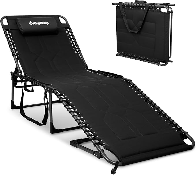 KingCamp Oversized Tanning Chair, Extra-Wide Padded Folding Chase Lounge Chairs Portable Adjustable 5-Position 440lbs Heavy Duty Lounger with Double-Layer Oxford for Outdoor Beach Patio Sun Pool Black