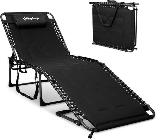 KingCamp Oversized Tanning Chair, Extra-Wide Padded Folding Chase Lounge Chairs Portable Adjustable 5-Position 440lbs Heavy Duty Lounger with Double-Layer Oxford for Outdoor Beach Patio Sun Pool Black