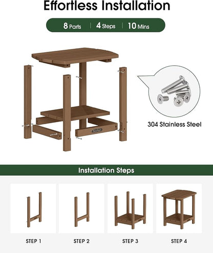 Outdoor Side Table, 2-Tier HDPE Small Outdoor Table, Adirondack Side Tables, Outside End Tables for Patio, Porch, Deck, Pool, Weather Resistant (Brown)