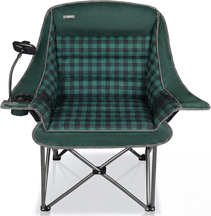 Oversized Camping Chairs for Adults- Heavy Duty Extra Large Lawn Chair,Folding Comfy Padded Camp Chair for Outdoor Sports Garden Beach Fishing,Wide&Thick,Green Plaid