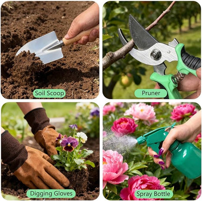 10-Piece Premium Gardening Tool Set—Includes A Moisture Meter, Heavy-Duty Rust-Resistant Stainless Steel Tools with A Storage Carry Bag. The Perfect Gardening Gift for Both Men and Women (Green)