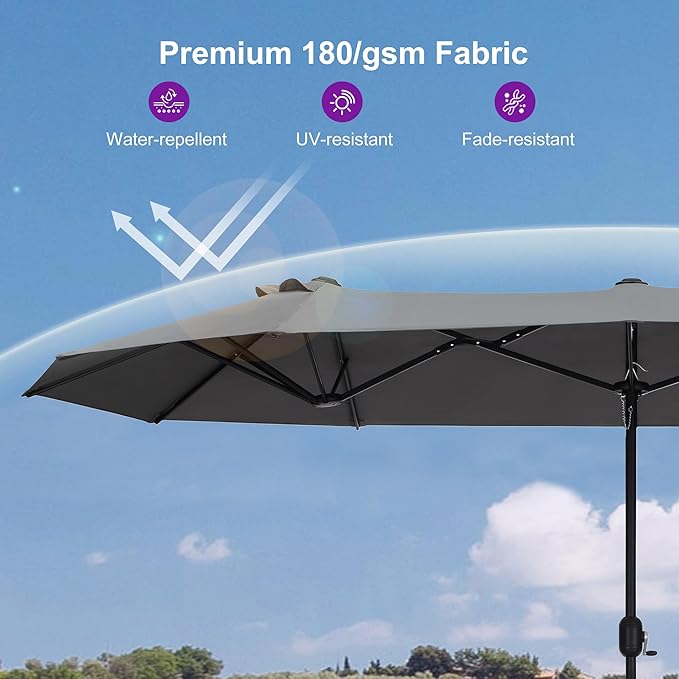 PURPLE LEAF 14ft Patio Market Umbrella with Base Double-Sided Rectangle Outdoor Table Sun Umbrellas with Crank 12 Heavy Duty Sturdy Ribs for Pool Beach Deck Backyard Light Gray