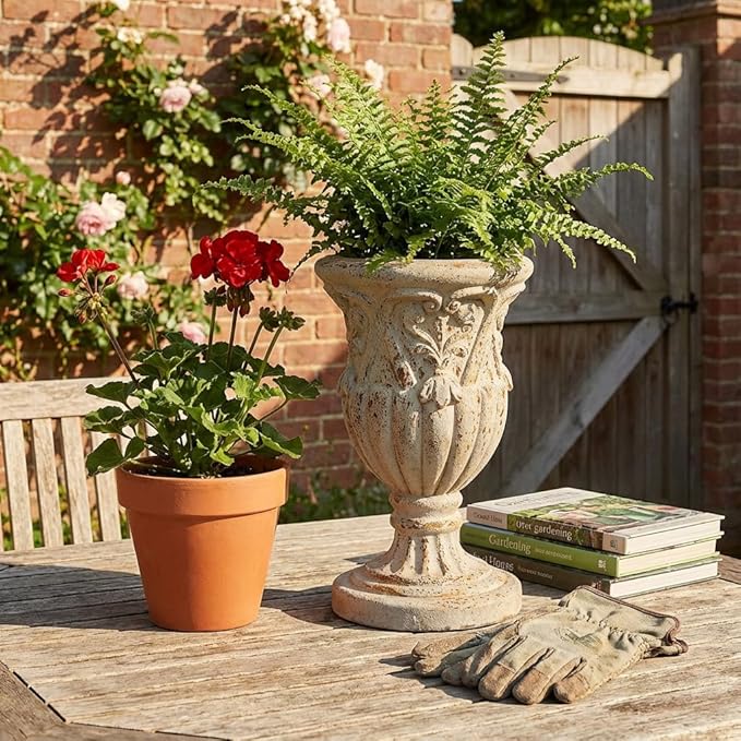 12 Inch Vintage Urn Planters for Outdoor Plants, Embossed Design Durable and Sturdy Resin Fiber Flowerpots with Drainage Hole, Decorative Orchid Houseplant Pot Indoor Outdoor Plant Container