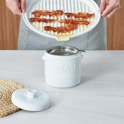 ONEMORE Microwave Bacon Tray with Lid Ceramic Bacon Cooker Meat Rack for Oven Cooking Crispy Bacon Maker with Cover - 11 inch Round Bacon Dish Plate, White