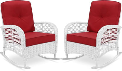 VIVIJASON 2 Piece Patio Wicker Rattan Rocker Chair, Outdoor Rattan Rocker Chair with Cushions & Steel Frame, All-Weather Rocking Lawn Wicker Furniture for Garden Backyard Porch (White Wicker/Red)