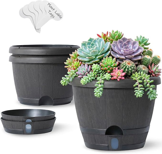 Sun-E 10 Inch Self Watering Planters 3-Pack - Rustic Whiskey Barrel Flower Pots with Water Level Indicator & Drainage, Farmhouse Decor for Indoor Outdoor Plants (Dark Brown Wood Grain)