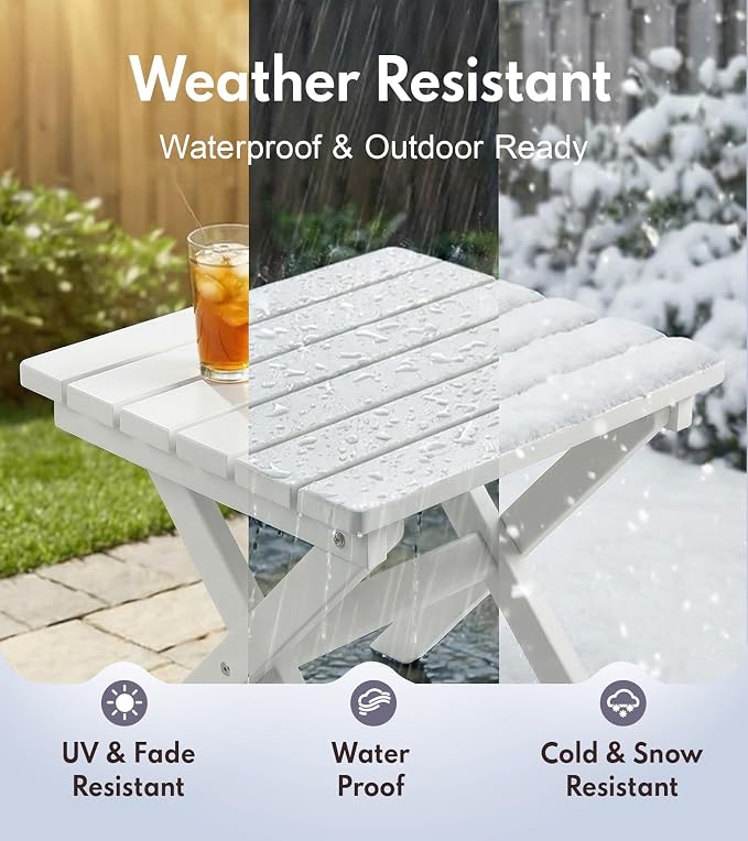 PASAMIC Folding Outdoor Side Table, HDPE Outdoor End Table, All-Weather Patio Table with 17.7" Wide Tabletop, No Assembly, for Porch, Deck, Poolside, White